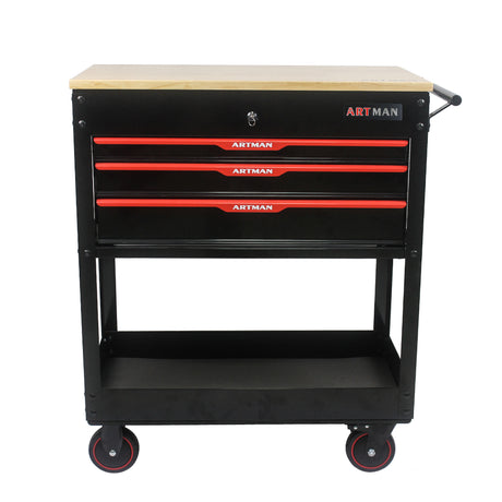 3 DRAWERS MULTIFUNCTIONAL TOOL CART WITH WHEELS AND WOODEN TOP - V.I.P Digital Presence