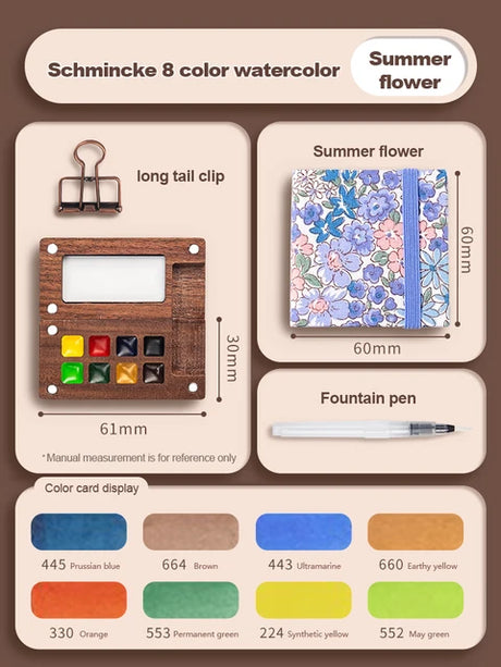 Mini watercolor paint box and small notebook Mingke 8-color wooden box mini drawing board solid watercolor painting - V.I.P Digital Presence