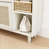 Natural Bohemian style shoe cabinet with 3 rattan flip drawers, 3 square shelves, and 1 storage drawer, white - V.I.P Digital Presence