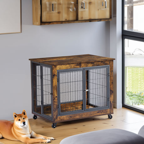 Furniture Style Dog Crate Side Table on Wheels with Double Doors and Lift Top. Rustic Brown, 31.50'' W x 22.05'' D x 25'' H. - V.I.P Digital Presence
