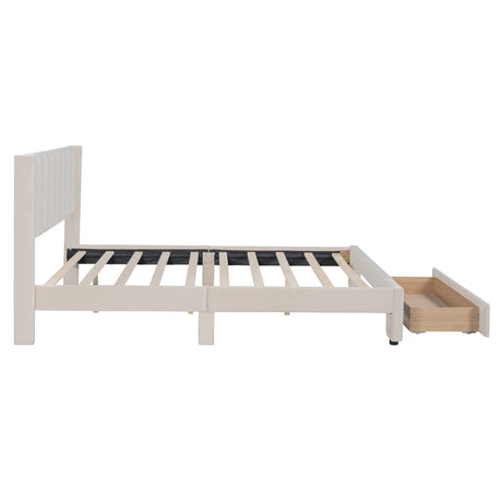 Queen Size Storage Bed Velvet Upholstered Platform Bed with a Big Drawer - Beige - V.I.P Digital Presence