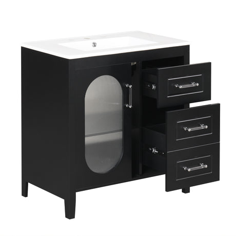 30" Bathroom Vanity with Sink, Bathroom Vanity Cabinet with Two Drawers and Door, Adjustable Shelf, Solid Wood and MDF, Black - V.I.P Digital Presence