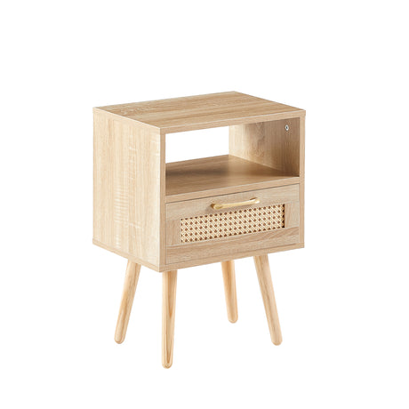 15.75" Rattan End table with drawer and solid wood legs Modern nightstand side table for living room natural - V.I.P Digital Presence