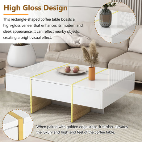 ON-TRANS 47.2 inch x 31.4 inch multifunctional rectangular sofa table with 2 drawers and gold wood grain leg center table, white - V.I.P Digital Presence