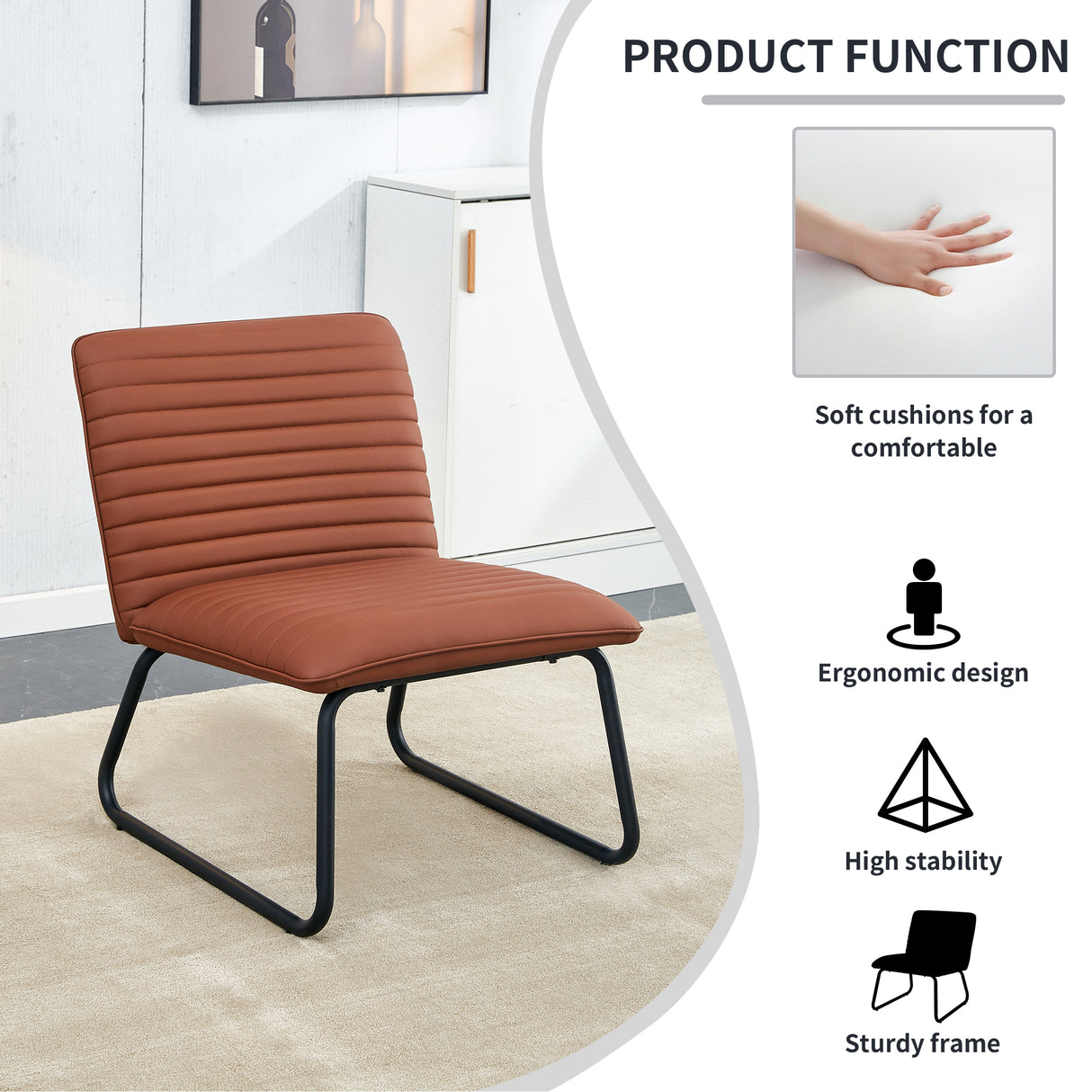 Brown minimalist armless sofa chair with PU backrest and black metal legs