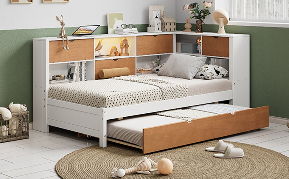 L-shaped bed frame with luggage and bookshelf, corner bed wooden captain's bed LED tube light and USB port walnut and white - V.I.P Digital Presence