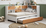 L-shaped bed frame with luggage and bookshelf, corner bed wooden captain's bed LED tube light and USB port walnut and white - V.I.P Digital Presence