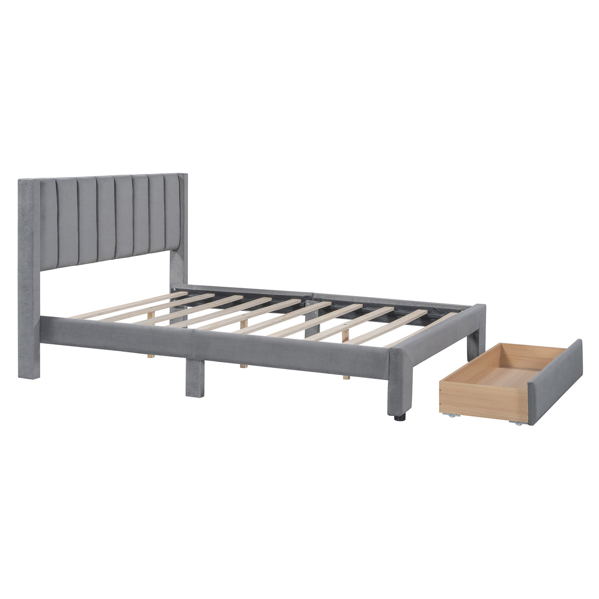 Full Size Storage Bed Velvet Upholstered Platform Bed with a Big Drawer - Gray - V.I.P Digital Presence