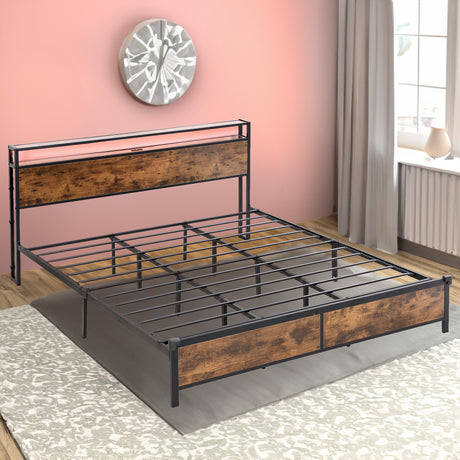 Industrial extra large bed frame with LED lights and 2 USB ports, extra large bed frame with storage space, rural brown color - V.I.P Digital Presence