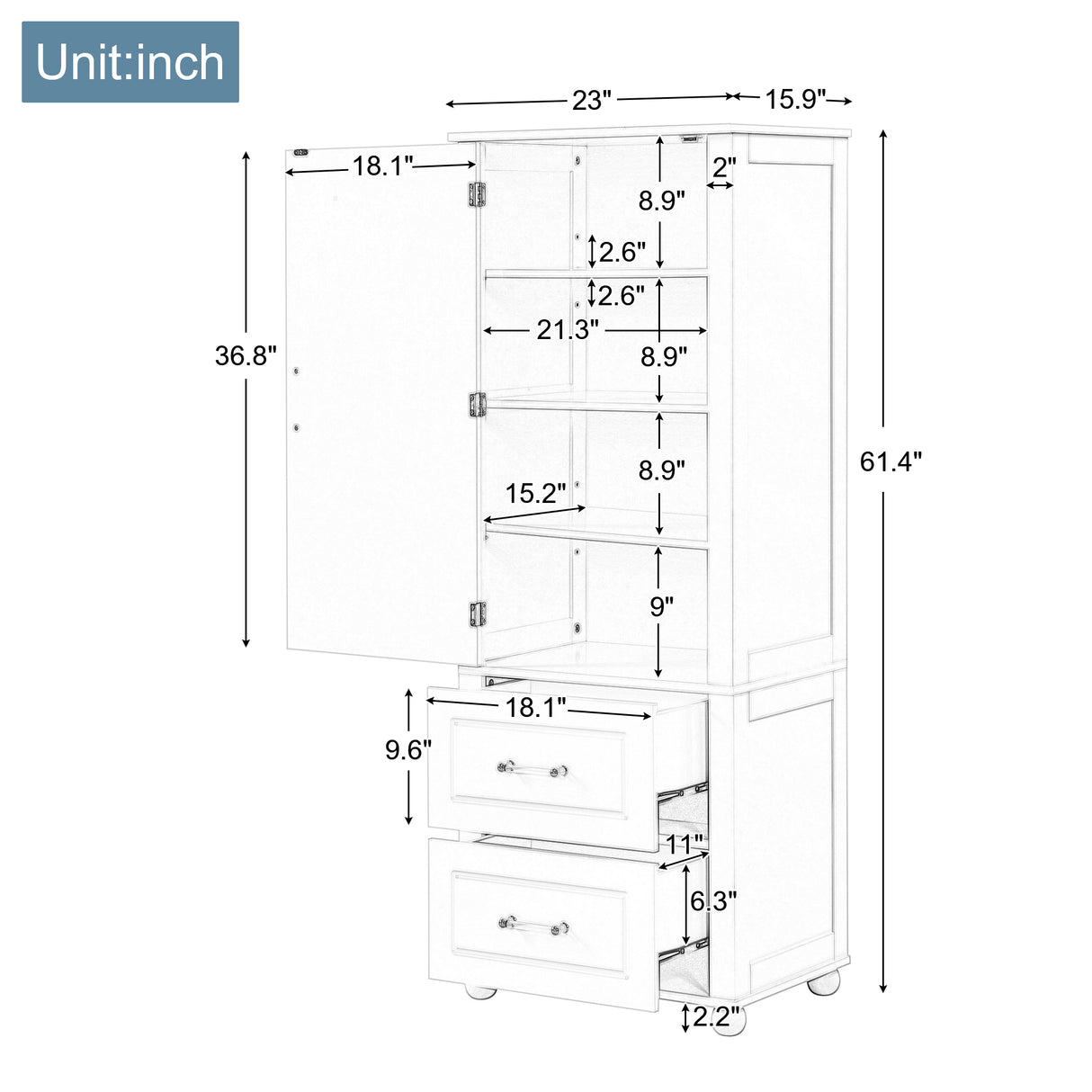 Tall bathroom storage cabinet with two drawers and adjustable shelves for independent storage - V.I.P Digital Presence