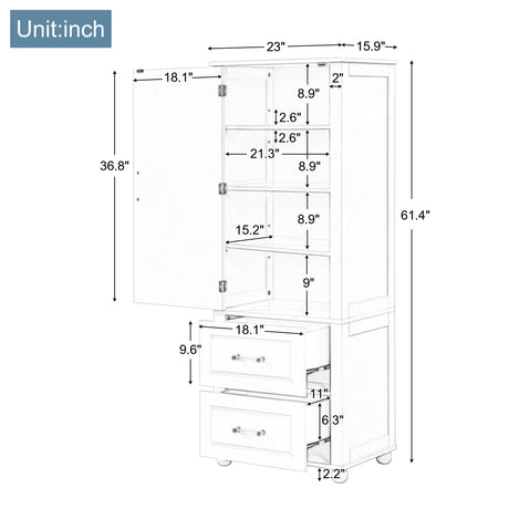 Tall bathroom storage cabinet with two drawers and adjustable shelves for independent storage - V.I.P Digital Presence