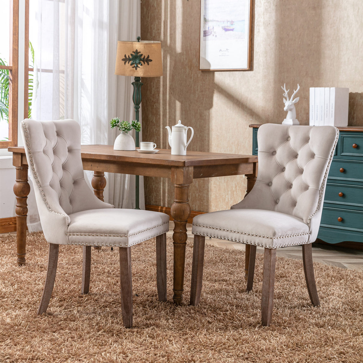 Nikki Collection Modern High-end Tufted Solid Wood Contemporary Velvet Upholstered Dining Chair 2-Pcs SetBeige