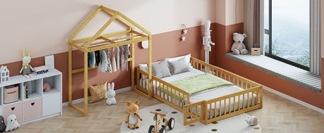 Wooden Full Size Children's Bed with Detachable Headboard and Integrated Clothes Drying Rack, Natural - V.I.P Digital Presence