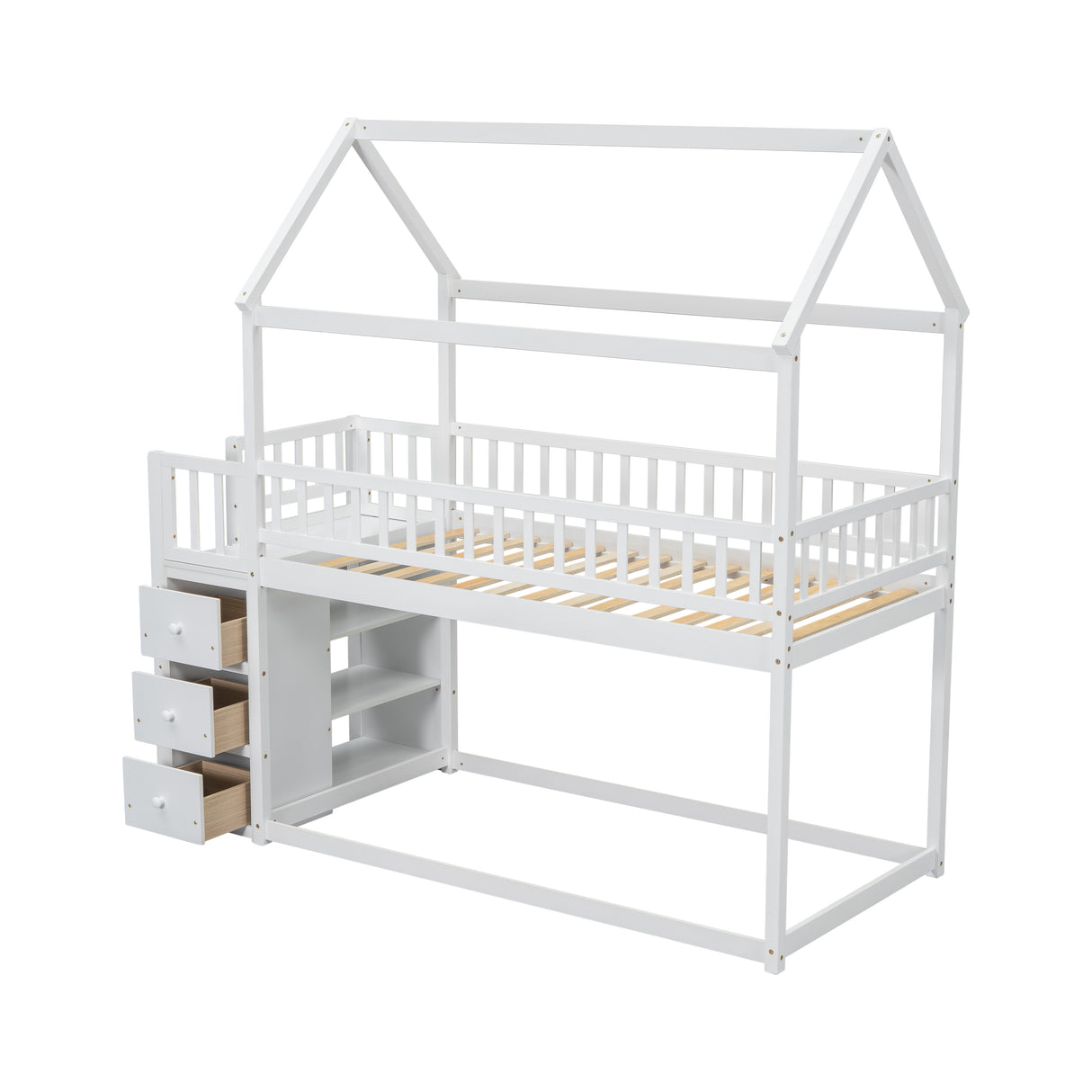 TWIN/TWIN HOUSE BUNK BED WITH SHELVES AND DRAWERS FOR WHITE COLOR - V.I.P Digital Presence