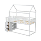 TWIN/TWIN HOUSE BUNK BED WITH SHELVES AND DRAWERS FOR WHITE COLOR - V.I.P Digital Presence