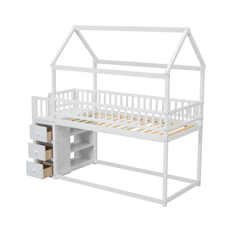 TWIN/TWIN HOUSE BUNK BED WITH SHELVES AND DRAWERS FOR WHITE COLOR - V.I.P Digital Presence