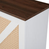 White Faux Rattan Barn Door Wine Cabinet with Wine Rack and Wine Glass Rack, Double Door Design with Removable Shelves - V.I.P Digital Presence