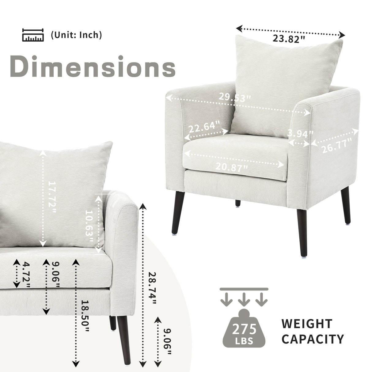 Bucket chair, Schneier accent chair, fabric armchair club chair, solid wood leg cushion armchair, lumbar pillow, beige - V.I.P Digital Presence