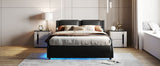 Queen Size Upholstered Faux Leather Platform Bed with LED Light Bed Frame with Slatted - Black - V.I.P Digital Presence