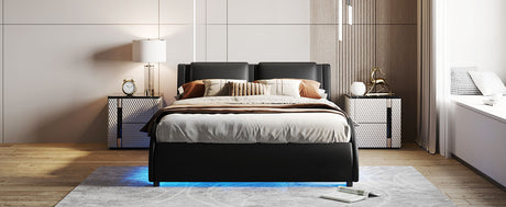 Queen Size Upholstered Faux Leather Platform Bed with LED Light Bed Frame with Slatted - Black - V.I.P Digital Presence