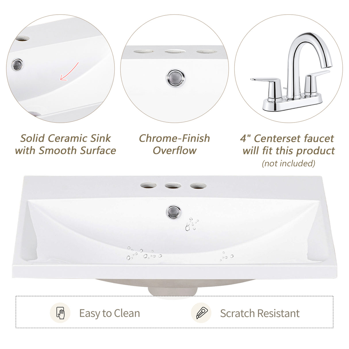 24" Bathroom Vanity Top Only White Basin 3-Faucet Holes  4" Faucet Available Ceramic - V.I.P Digital Presence