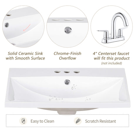 24" Bathroom Vanity Top Only White Basin 3-Faucet Holes  4" Faucet Available Ceramic - V.I.P Digital Presence