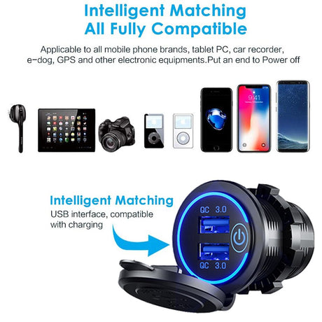 36W QC 3.0 Touch Switch Waterproof Universal Motorcycle Car Truck Boat Dual USB Charger Socket For Phone Tablet Camera GPS DVR - V.I.P Digital Presence