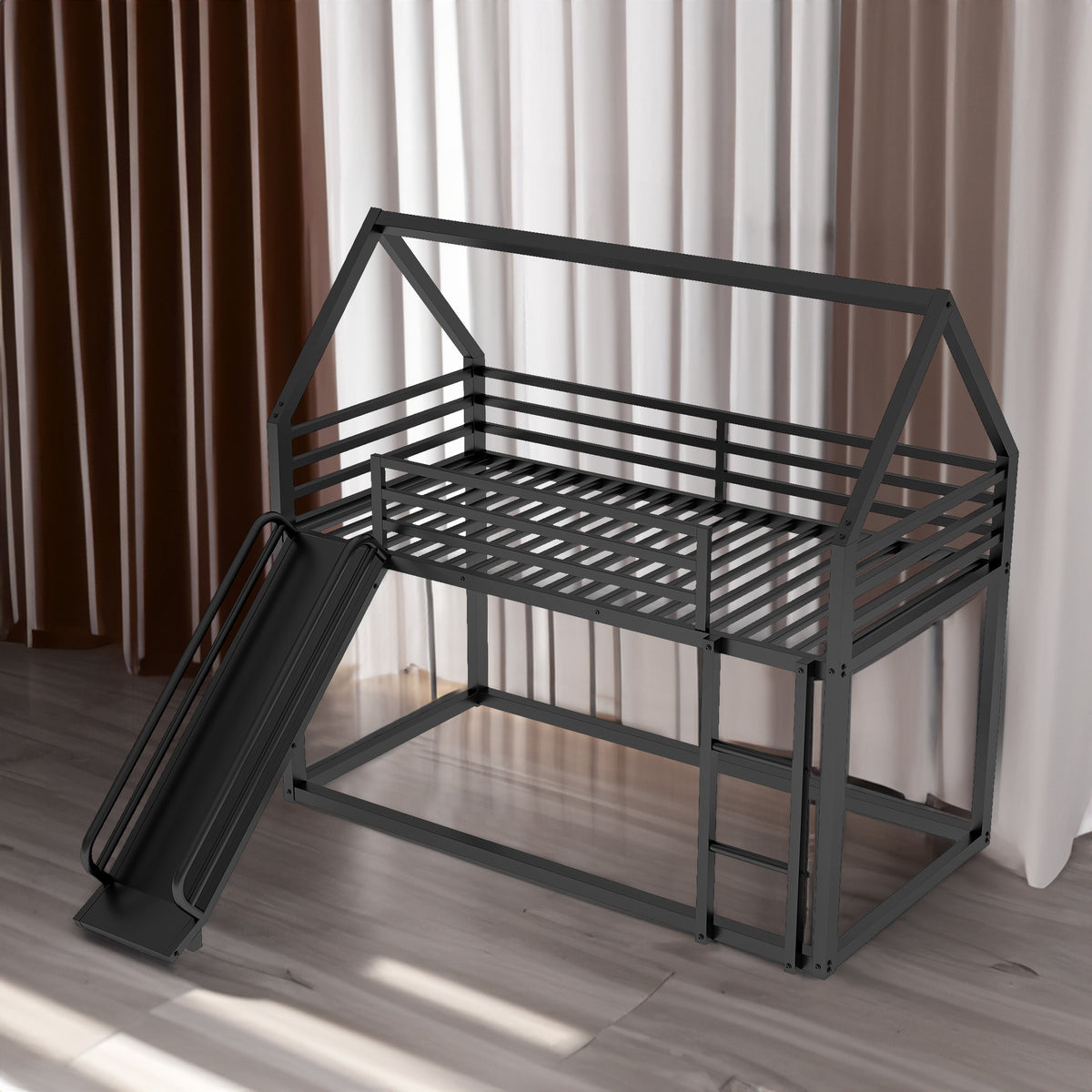 Twin over Twin House Bunk Bed with Ladder and Slide,Black - V.I.P Digital Presence