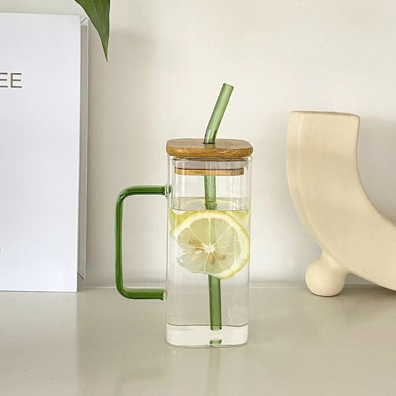 Square colored handle cup glass straw cup with lid milk tea cup with large capacity - V.I.P Digital Presence