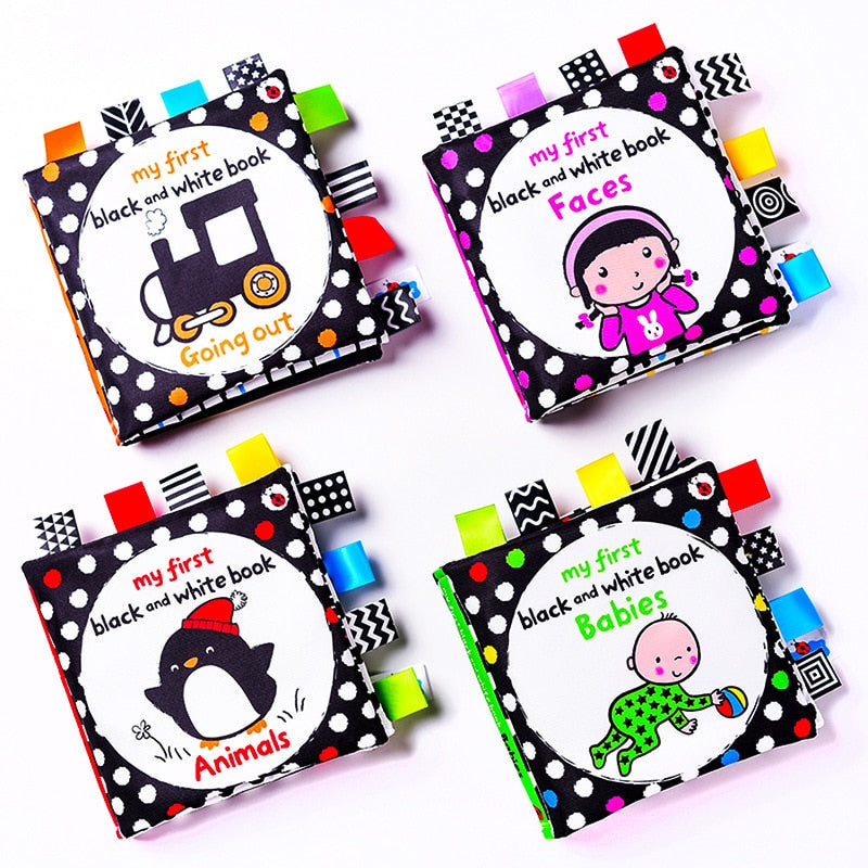 Libro de tela LakaRose Baby con etiqueta en blanco y negro, libros de educación temprana para recién nacidos y bebés, libros de tela tranquilos 