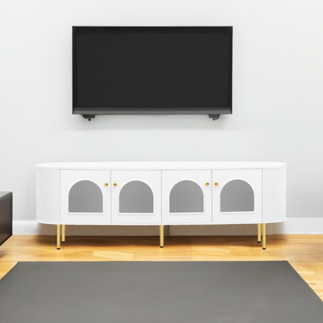 U-Can Modern TV Stand for TVs up to 80 Inches, Entertainment Center with 4 Cabinets, Wood with Metal Legs and Handles White - V.I.P Digital Presence