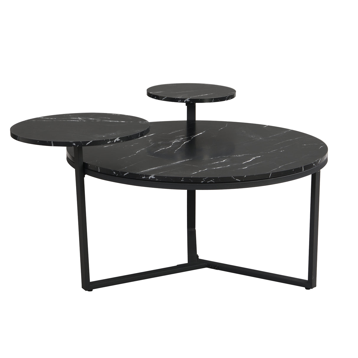 Modern coffee table with two display shelves, Black Faux marble surfaces, Tripod-inspired base,Rounded tabletop edges - V.I.P Digital Presence