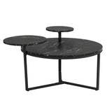 Modern coffee table with two display shelves, Black Faux marble surfaces, Tripod-inspired base,Rounded tabletop edges - V.I.P Digital Presence
