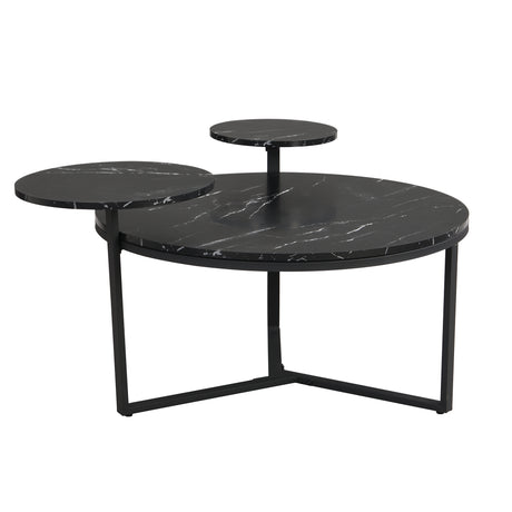 Modern coffee table with two display shelves, Black Faux marble surfaces, Tripod-inspired base,Rounded tabletop edges - V.I.P Digital Presence