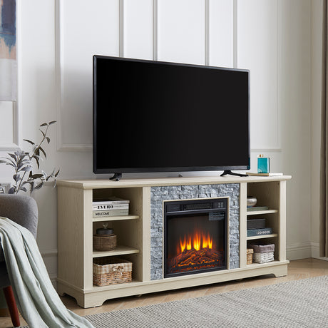 Mantel electric fireplace stone TV media stand, open storage console space, with 18 inch fireplace insert, white - V.I.P Digital Presence