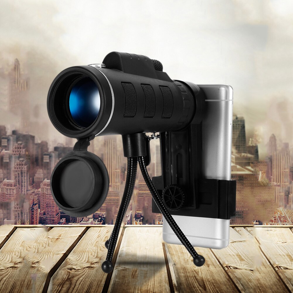 Telescopio monocular 40x60 con zoom y brújula, trípode con clip para teléfono móvil y cámara.