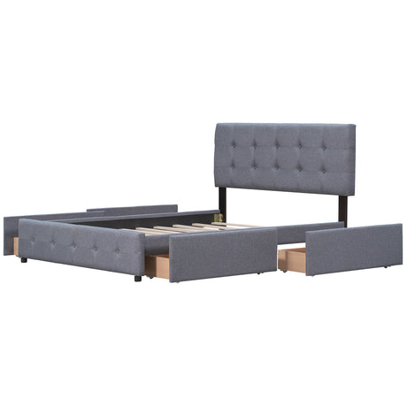 Upholstered Platform Bed with Classic Headboard and 4 Drawers No Box Spring Needed Linen Fabric Queen Size Dark gray - V.I.P Digital Presence