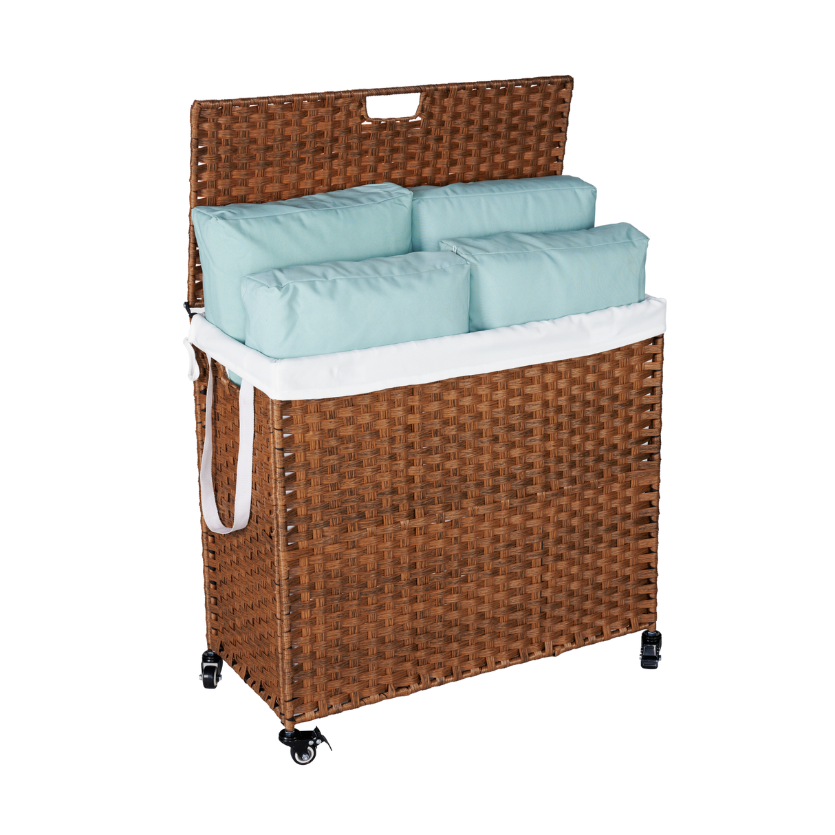 Laundry Hamper With Lid PE Rattan Powder Coating Frame Clothes Hampers with 02 Removable Bags, Wheels, 160L, Brown Color - V.I.P Digital Presence