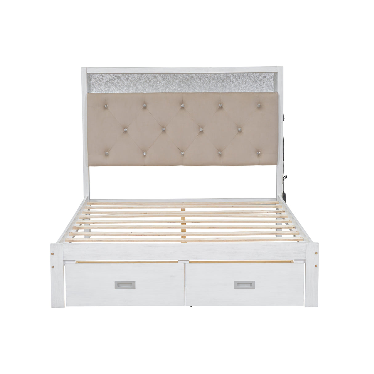 Wood Full Size Platform Bed with Upholstered Headboard and LED and 2 Drawers, Antique White - V.I.P Digital Presence