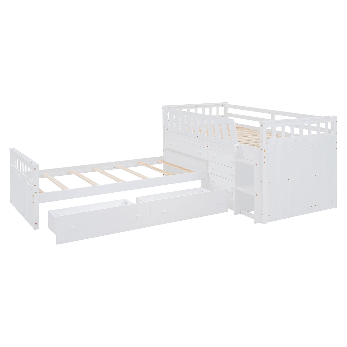 L-shaped Space-Saving Twin Loft and Twin Platform Bed with 7 Drawers and Full Guardrails(WHITE) - V.I.P Digital Presence