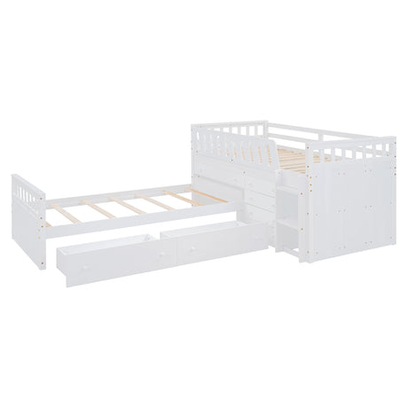L-shaped Space-Saving Twin Loft and Twin Platform Bed with 7 Drawers and Full Guardrails(WHITE) - V.I.P Digital Presence