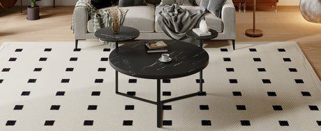 Modern coffee table with two display shelves, Black Faux marble surfaces, Tripod-inspired base,Rounded tabletop edges - V.I.P Digital Presence