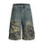 Post-Apocalyptic Style Distressed Patchwork Camouflage Seven-Quarter Denim Pants Men's Summer Fake Two-Piece Washed Frayed Hem Shorts - V.I.P Digital Presence