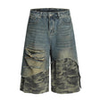 Post-Apocalyptic Style Distressed Patchwork Camouflage Seven-Quarter Denim Pants Men's Summer Fake Two-Piece Washed Frayed Hem Shorts - V.I.P Digital Presence