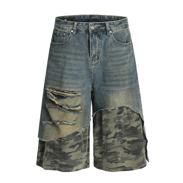 Post-Apocalyptic Style Distressed Patchwork Camouflage Seven-Quarter Denim Pants Men's Summer Fake Two-Piece Washed Frayed Hem Shorts - V.I.P Digital Presence