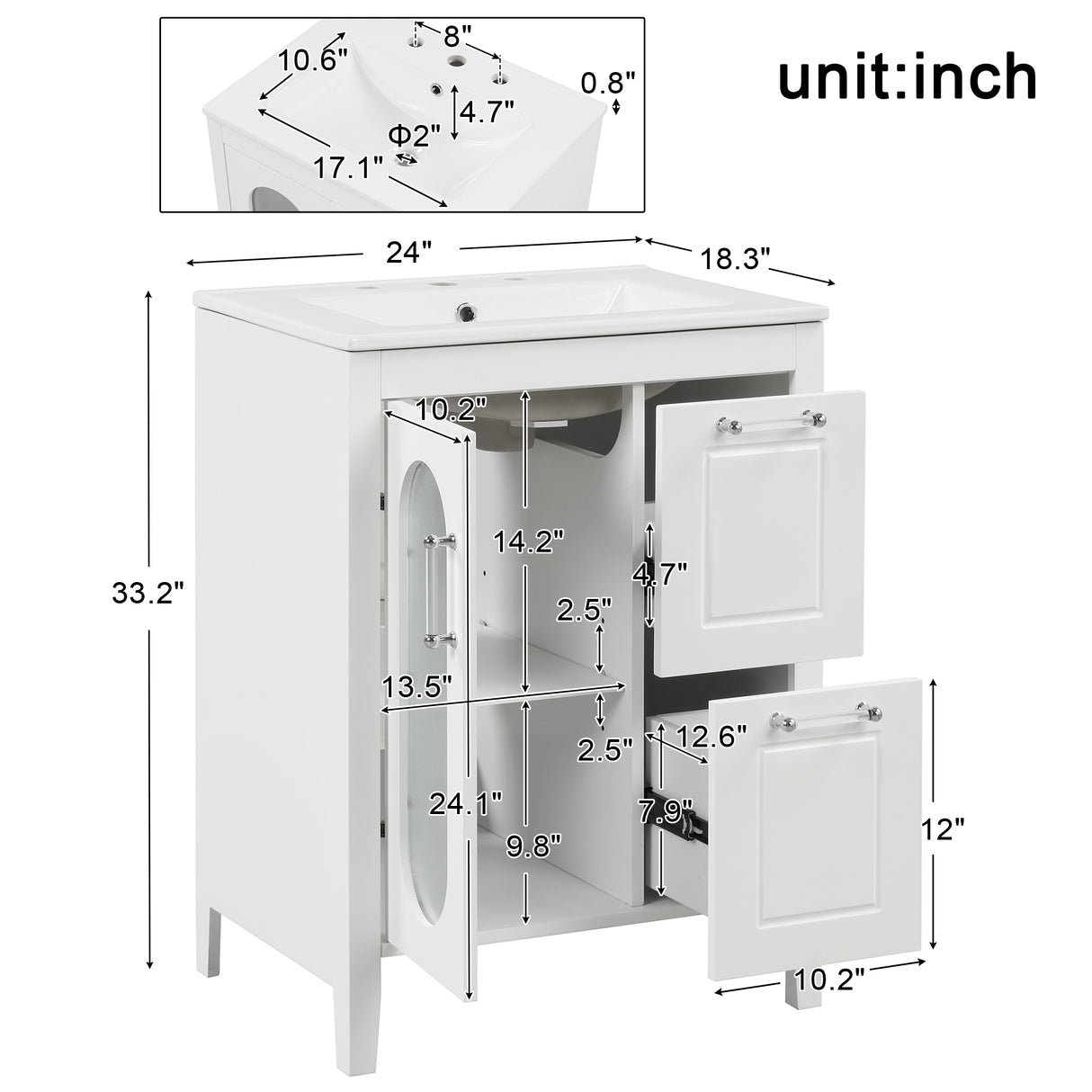 24" Bathroom Vanity with Sink, Bathroom Vanity Cabinet with Two Drawers and Door, Adjustable Shelf, Solid Wood and MDF, White - V.I.P Digital Presence