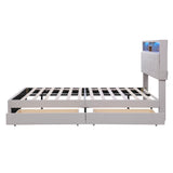 Queen Size Upholstered Platform Bed with Storage Headboard  LED  USB Charging and 2 Drawers  Beige