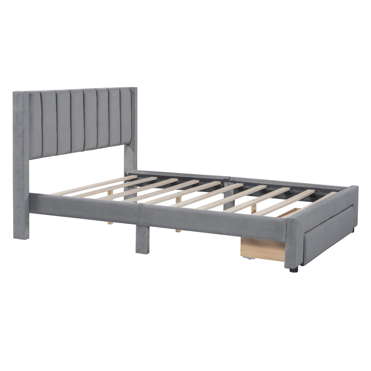 Full Size Storage Bed Velvet Upholstered Platform Bed with a Big Drawer - Gray - V.I.P Digital Presence