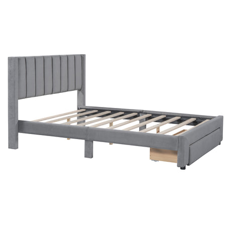 Full Size Storage Bed Velvet Upholstered Platform Bed with a Big Drawer - Gray - V.I.P Digital Presence