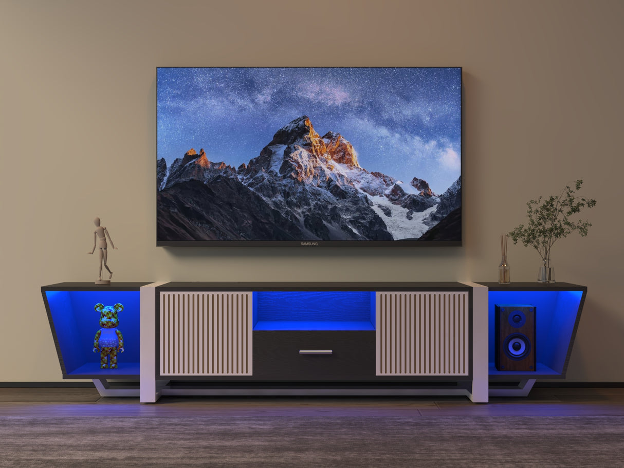 TV console with storage cabinet, dual flat LED TV stand with remote control, multi-mode light with power cord, black - V.I.P Digital Presence